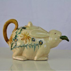 Rare Vintage Teapot Bunny Rabbit Eating Green Leaf